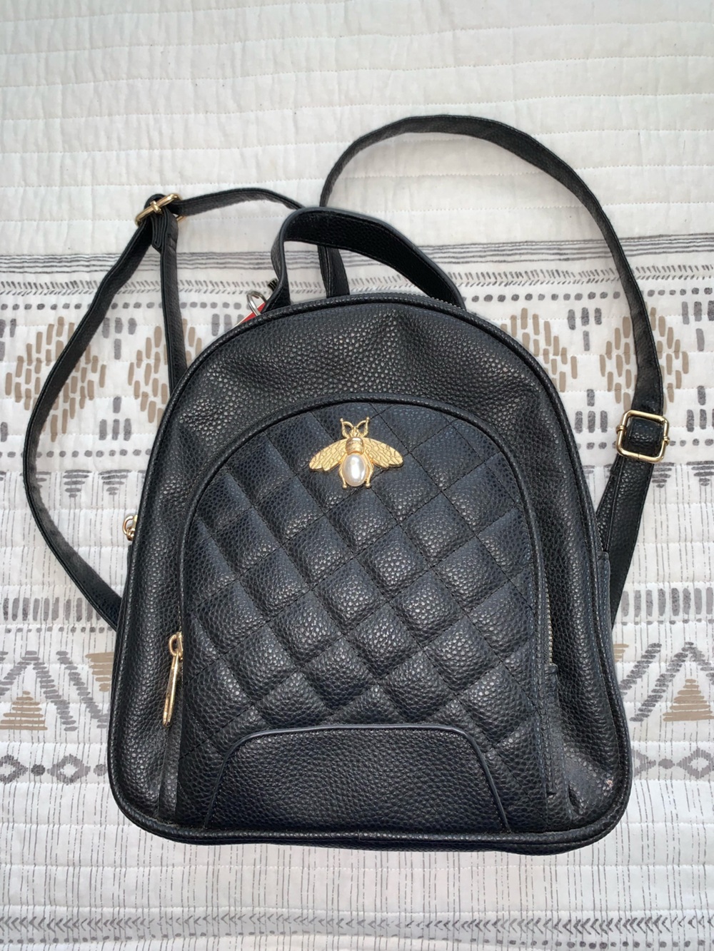Quilted Black Faux Leather Backpack with Gold Bee Accent